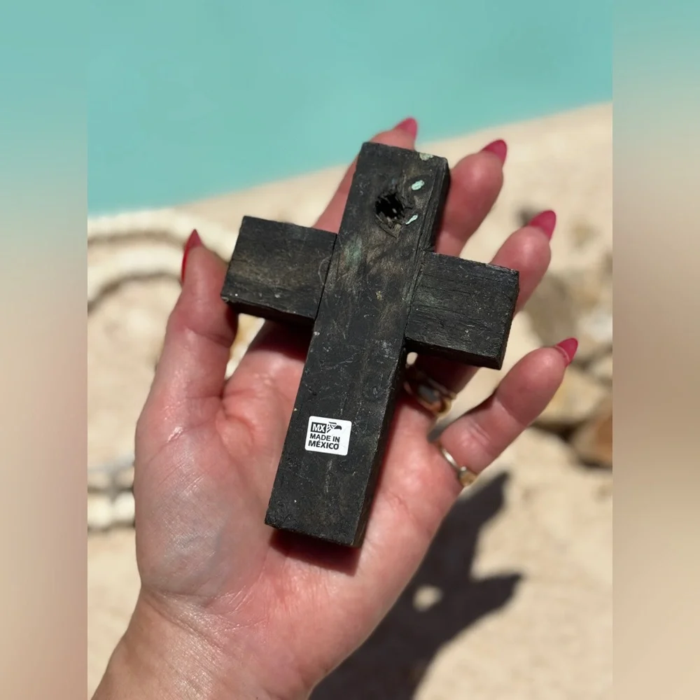 Milagros Silver Metal Charm Spanish Folk Art Painted Wood Cross-Charcoal